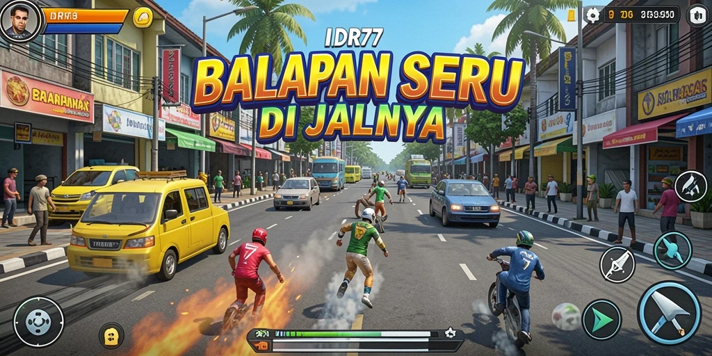 Screenshot gameplay IDR77 menampilkan aksi balapan mendebarkan di jalanan.