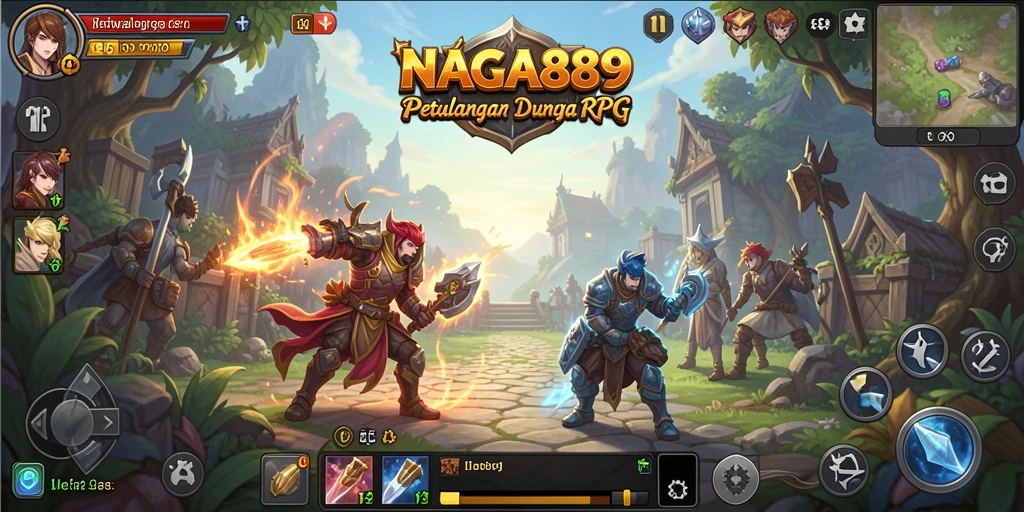 Screenshot gameplay seru NAGA889 menampilkan karakter bertarung melawan monster.