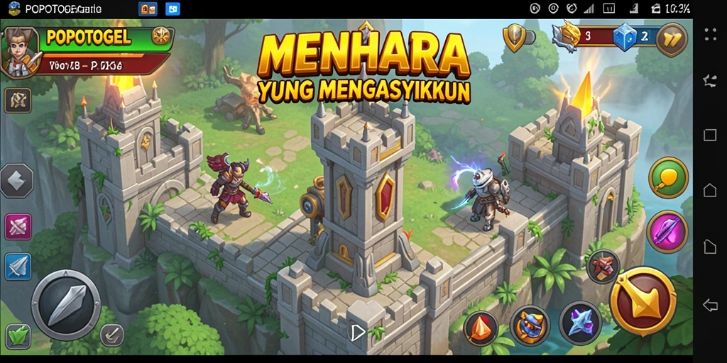 Tampilan menara dan musuh dalam gameplay Tower Defense.