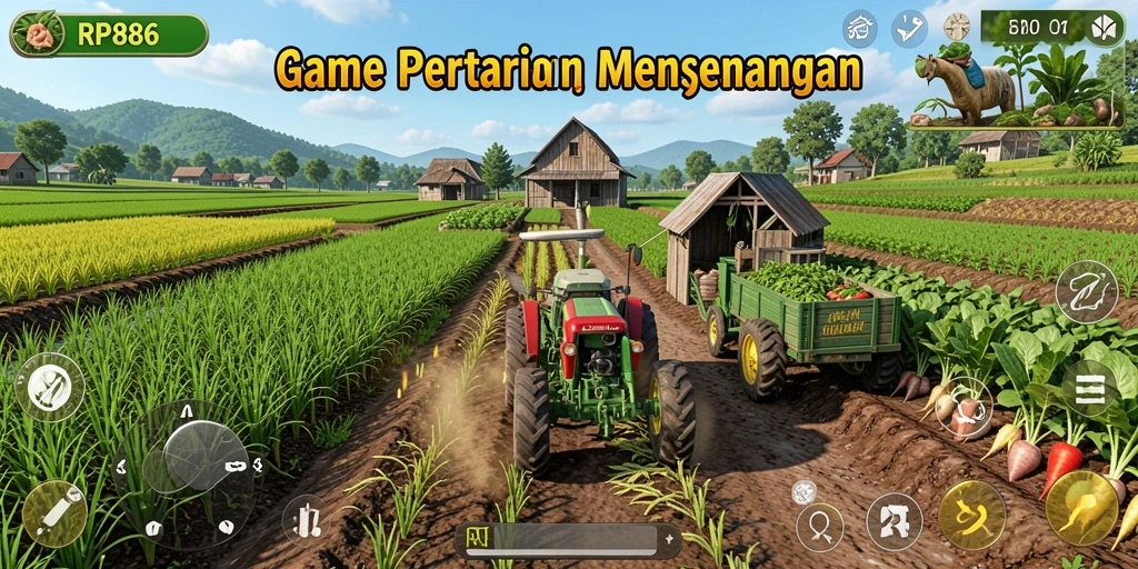 Screenshot utama RP886 menunjukkan gameplay seru bertani.